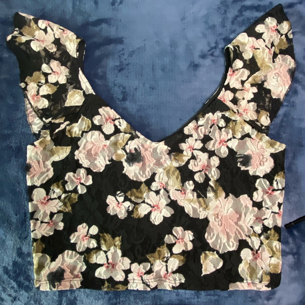 White Floral Black Lace Crop Top